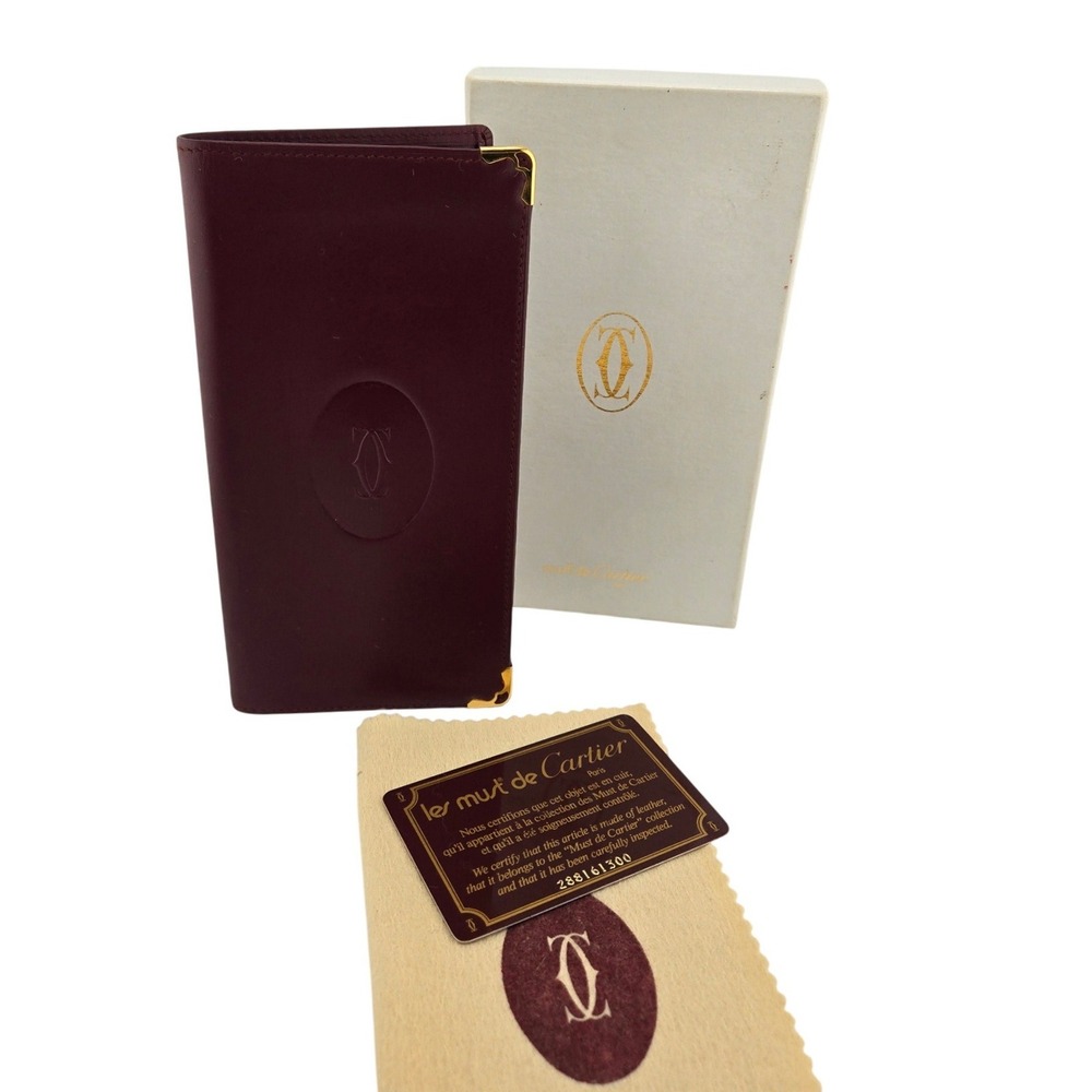 Cartier Must de Cartier Burgundy Leather Long Bifold Wallet Gold Corners Box